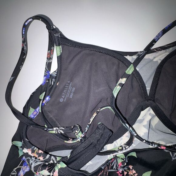 Athleta Gold Coast Black Floral Tankini Swim Top Size 36D/DD Blousy Banded Waist - Picture 6 of 11